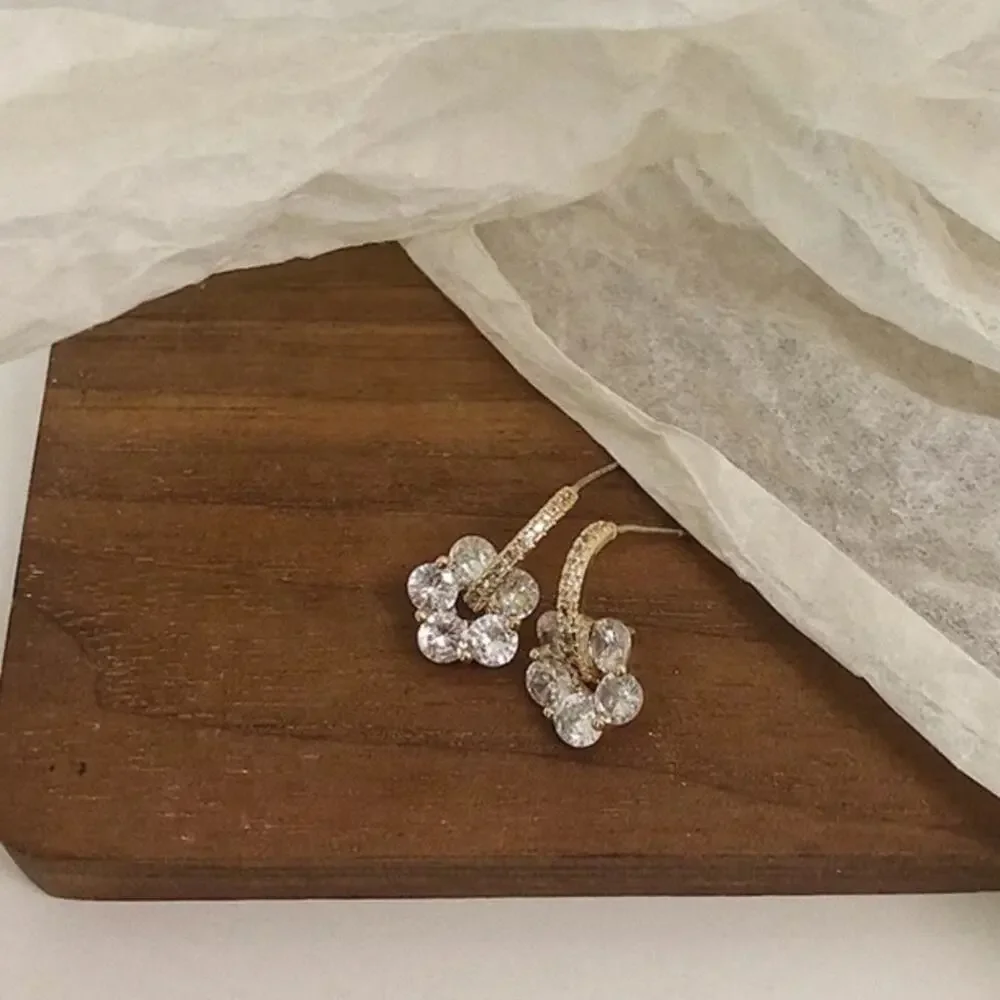 NEW 14K yellow gold plated CZ flower hoop drop earrings jewelry B22B